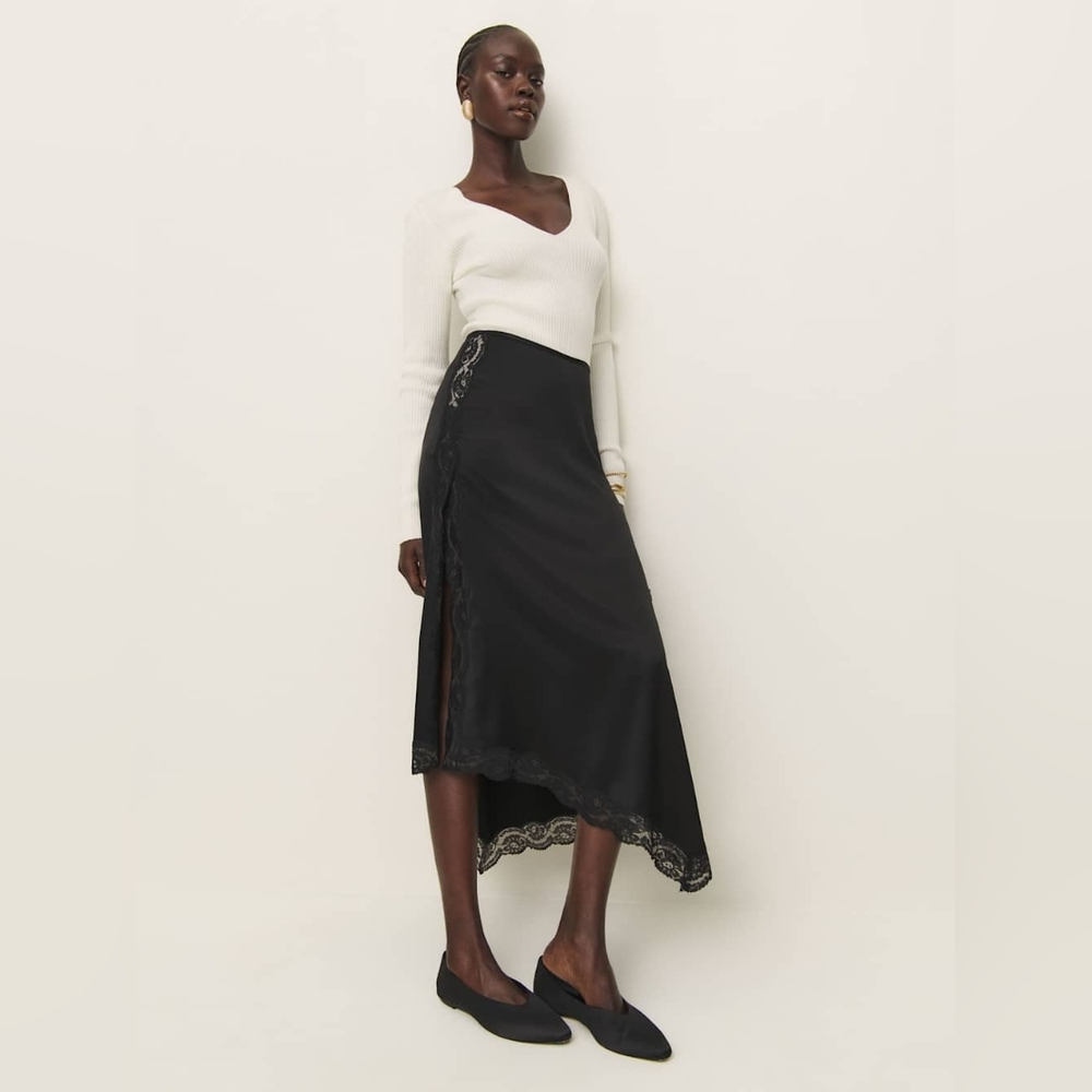 Reformation Black Asymmetrical Lace-Trim Midi Skirt